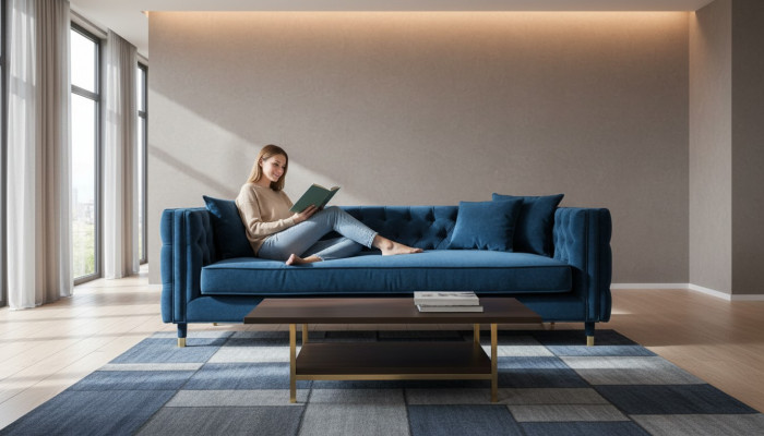 Luxus Blo Chesterfield Samt Dräisëtzer Polstermöbel Hotel Wunnzëmmer Praxis