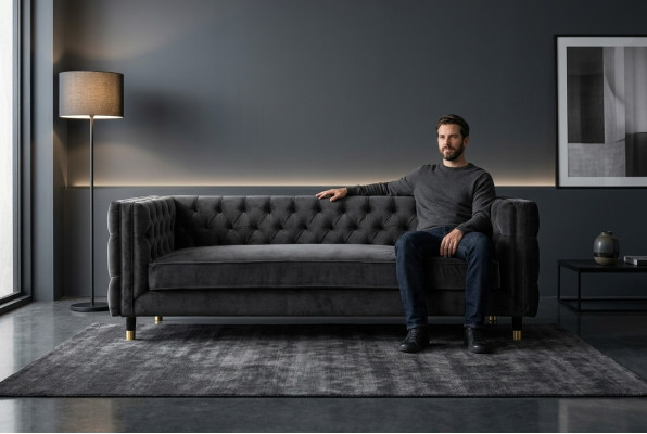 Schwaarzt Chesterfield Sofa Grouss Luxus Miwwelen 4 Sëtzer Textil Stoff Couchen