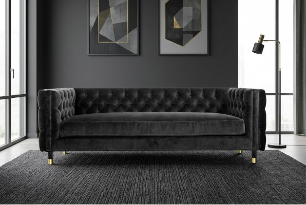 Schwaarzt Chesterfield Sofa Grouss Luxus Miwwelen 4 Sëtzer Textil Stoff Couchen