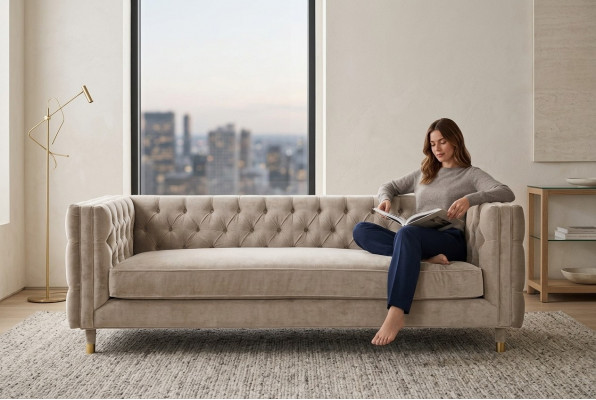 Beige Miwwelen 4 Sëtzer Chesterfield Canapé Samt XXL Grouss Textilstoff Couchen