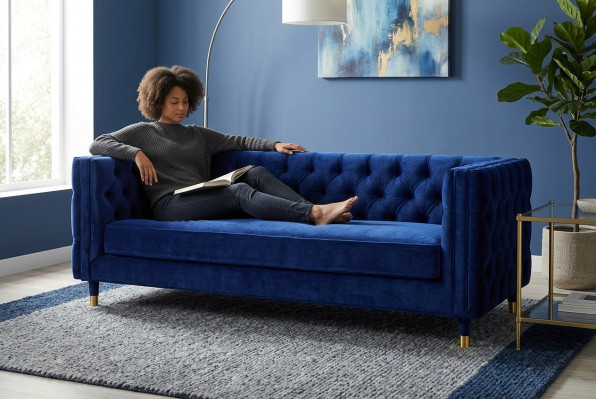 Blo Chesterfield Sofa Groussen Designer 4-Sëtzer Nei Textil Stoffer Couchen