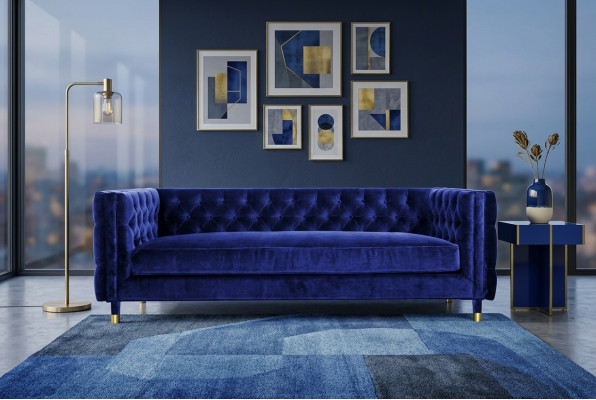 Blo Chesterfield Sofa Groussen Designer 4-Sëtzer Nei Textil Stoffer Couchen