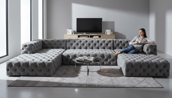 Chesterfield U-Form Sofa Gro XXL Grouss Textil Stoff Couchen Luxus Miwwelen Polster