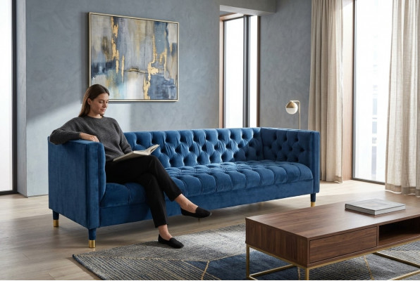 Chesterfield Sofa Blo Sofen Stoff Couchen Kreativ Miwwelen 4-Sëtzer
