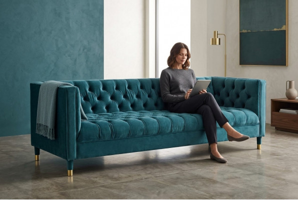 Chesterfield Sofa Blo Sofae Textil Stëfter Couch Miwwelen 4-Sëtzer