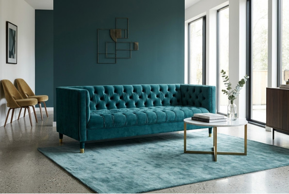 Chesterfield Sofa Blo Sofae Textil Stëfter Couch Miwwelen 4-Sëtzer