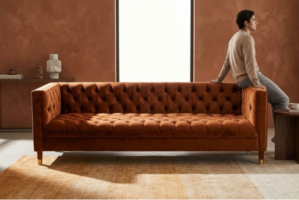 OrangenSofa Chesterfield Couch Textil Stoff Canapéen Luxus Miwwelen 4-Sëtzeger