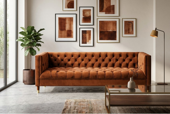 OrangenSofa Chesterfield Couch Textil Stoff Canapéen Luxus Miwwelen 4-Sëtzeger