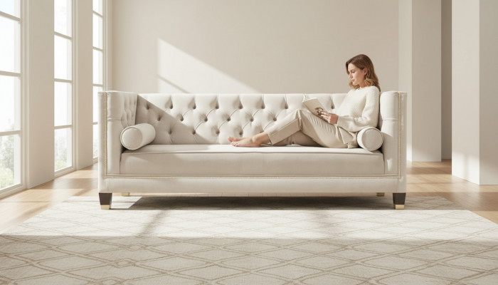 Luxus Beige Chesterfield Samt Dräisëtzer Polster Miwwelen Hotel Wunnzëmmer Praxis