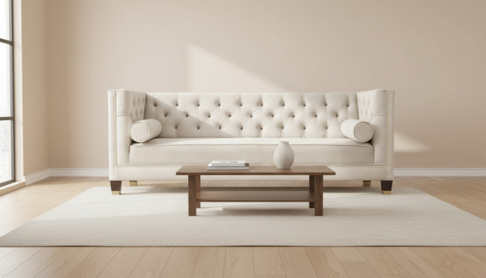 Luxus Beige Chesterfield Samt Dräisëtzer Polster Miwwelen Hotel Wunnzëmmer Praxis