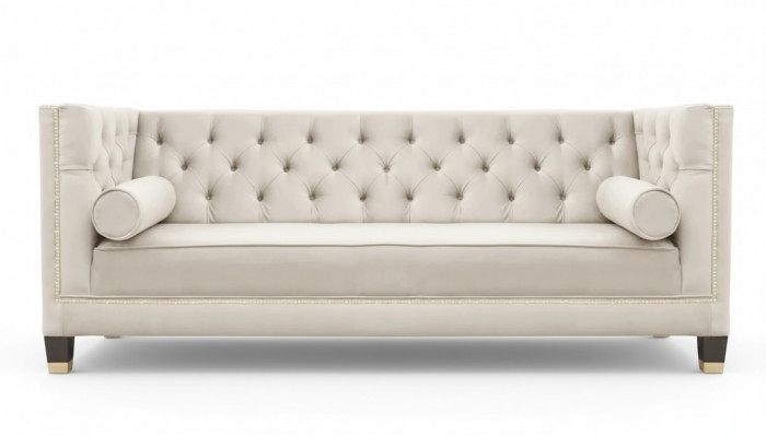 Luxus Beige Chesterfield Samt Dräisëtzer Polster Miwwelen Hotel Wunnzëmmer Praxis