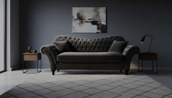 Couchen Këssen Canapé Canapéë Chesterfield Schwaarz Dräisëtzer Stoff Stuff Nei