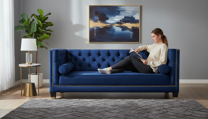 Bloën Chesterfield Dräisëtzer Stoff Wunnzëmmer Design Couchen