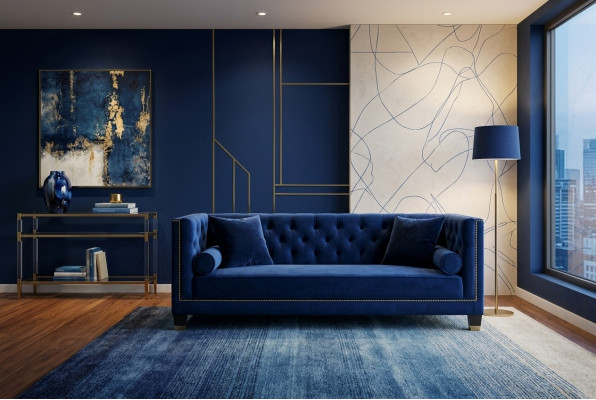 Bloën Chesterfield Dräisëtzer Stoff Wunnzëmmer Design Couchen
