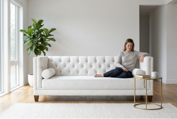 Dräisëtzer Stoff Wunnzëmmer wäiss Couchen Polstersofa Sofas Chesterfield Couch
