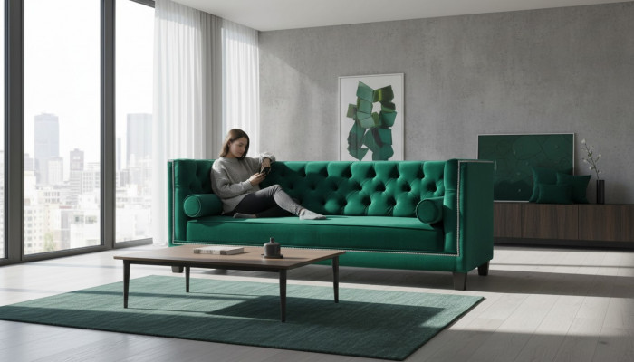 Luxus Grénge Chesterfield Samt Dräisëtzer Polster Miwwelen Hotel Wunnzëmmer Praxis