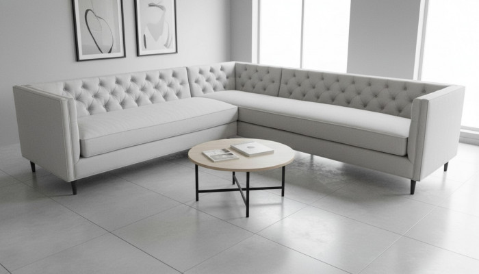 Eckcouch Grau Grouss Textilstoff Chesterfield Canapé Kreativ Miwwelen Nei Wunnzëmmer
