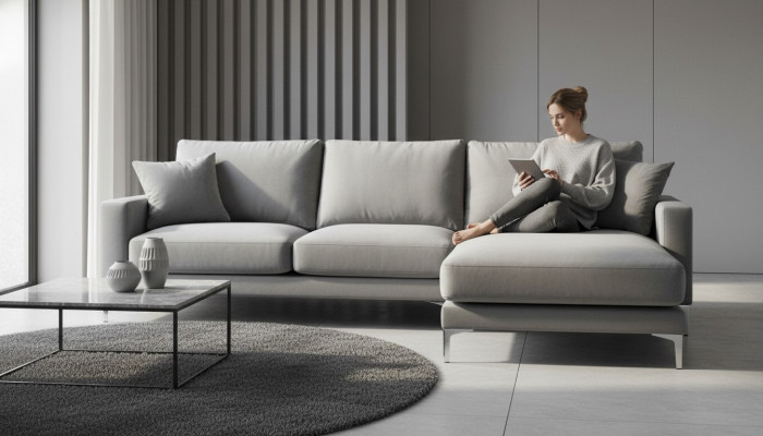 Wunnzëmmer Eckcouch Grau XXL Grouss Kreativ Miwwel Textill Stoff Chesterfield Sofas