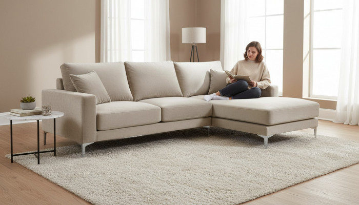 Wunnzëmmer Design Setzer Polster Sofa Couch Beige Ecksofa Stoff Eckgarnitur Nei