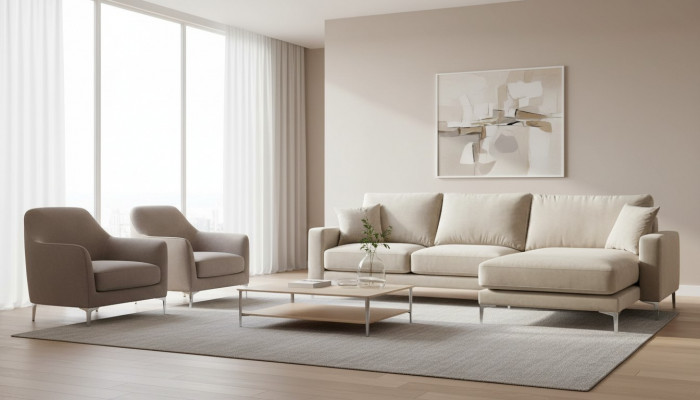 Wunnzëmmer Design Setzer Polster Sofa Couch Beige Ecksofa Stoff Eckgarnitur Nei