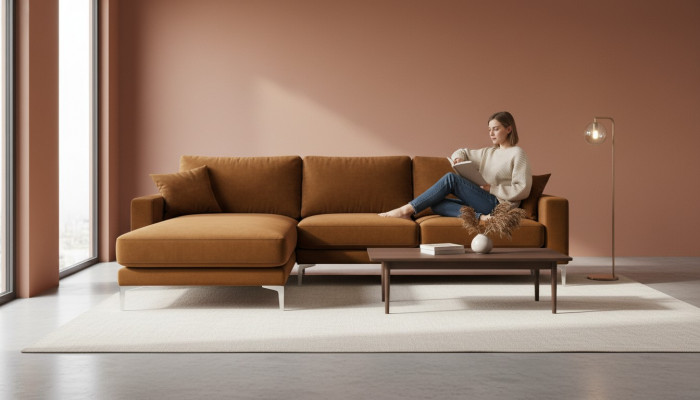 Orange Ecksofa Stoff Wunnzëmmer Design Couchen Polstersofa Sofae Orange Samt