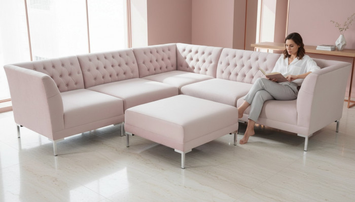 Rosa Ecksofa Hocker Chesterfield Sofas Miwwelen xxl Grouss Textilstoff Sofas 2-Stéck