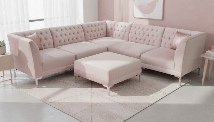 Rosa Ecksofa Hocker Chesterfield Sofas Miwwelen xxl Grouss Textilstoff Sofas 2-Stéck