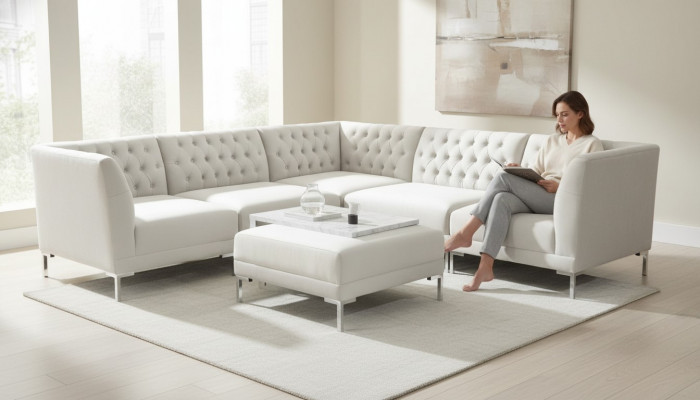 Eckcouch Hocker Crème Wäiss Grouss Textilstoff Chesterfield Sofas Luxus Miwwele 2tlg.