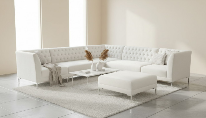 Eckcouch Hocker Crème Wäiss Grouss Textilstoff Chesterfield Sofas Luxus Miwwele 2tlg.