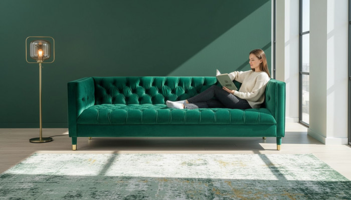 Gréng dräi-Sëtzer Stoff Chesterfield Design Canapéen Polster Sofas Wunnzëmmer 230cm