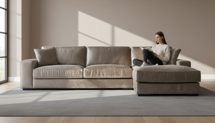 Braune Ecksofa Stoff Stuff wéi Vëludo mat engem modernen Design, gëeegent fir de Wunnzëmmer. Italienesch Design Canapéë mat Polster Sofas.
