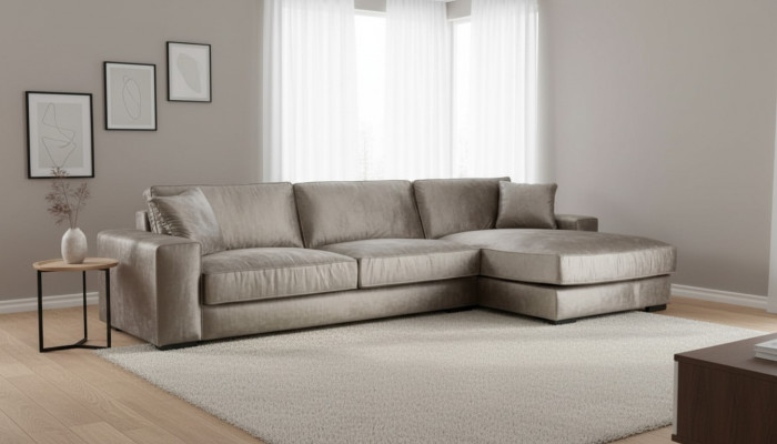 Braune Ecksofa Stoff Stuff wéi Vëludo mat engem modernen Design, gëeegent fir de Wunnzëmmer. Italienesch Design Canapéë mat Polster Sofas.