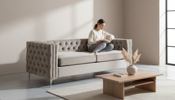 Chesterfield Dräisëtzer modern Miwwelen Textilstoff Samt Wunnzëmmer Luxus Couchen