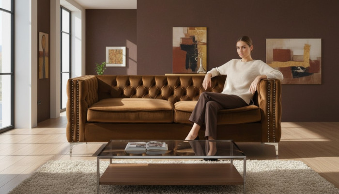 Orange Chesterfield Couch Luxus Samt Stoff Couchen Sofa Set Knäppchen Polster Nei
