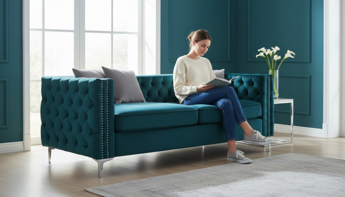 Türkis Chesterfield Couch Luxus Samt Stoff Couchen Sofa Set Knäpper Polster Nei