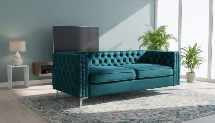 Türkis Chesterfield Couch Luxus Samt Stoff Couchen Sofa Set Knäpper Polster Nei