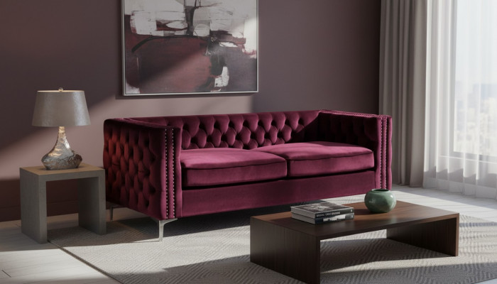 Bordeaux Chesterfield Canapé Luxus Samt Stoff Couchen Sofa Set Knäpper Polster Nei