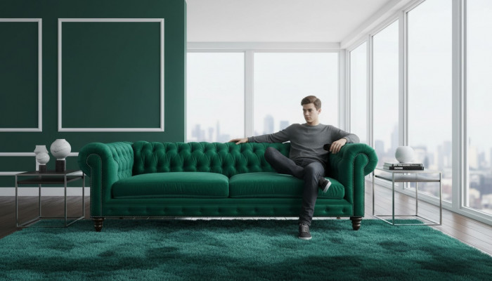 Chesterfield Sofa Grénge Textilstoff Canapéen Kreativ Miwwelen 3-Sëtzer Nei Sofas