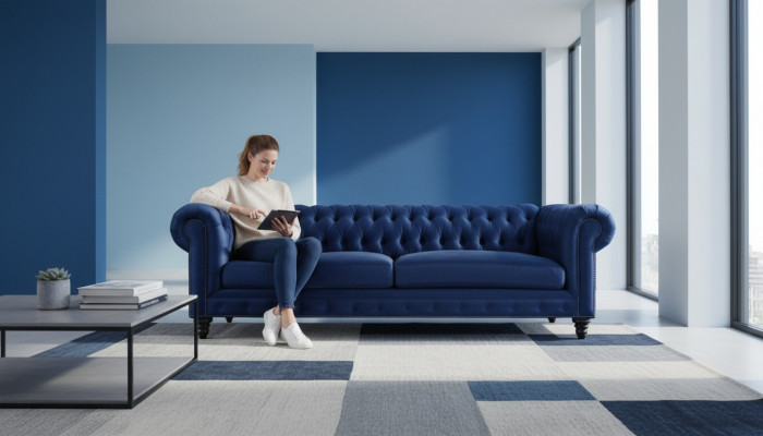 Chesterfield Dräisëtzer Blo Nei Wunnzëmmer Modern Kreativ Miwwelen Textil Stoff