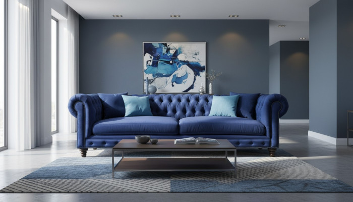 Chesterfield Dräisëtzer Blo Nei Wunnzëmmer Modern Kreativ Miwwelen Textil Stoff