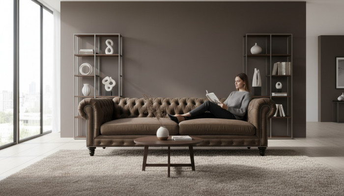 Chesterfield Braun Neit Wunnzëmmer Modern Dräisëtzeger Kreativ Miwwelen Textil Stoff