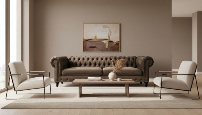 Chesterfield Braun Neit Wunnzëmmer Modern Dräisëtzeger Kreativ Miwwelen Textil Stoff