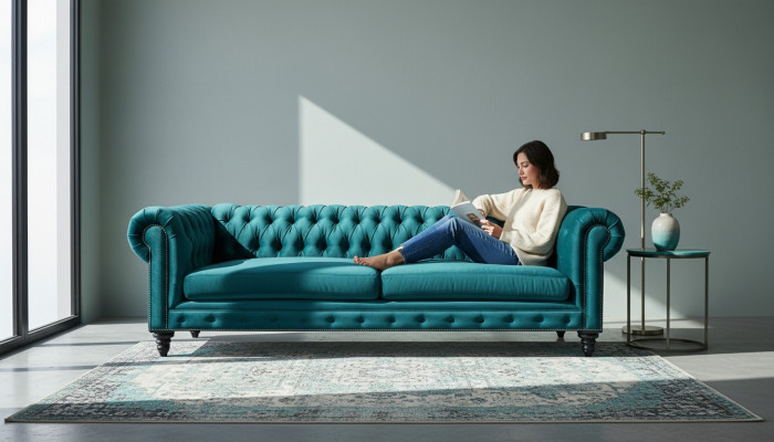 Chesterfield Dräisëtzer Kreativ Miwwelen Textilstoff Blo-Gro Wohnzimmer Modern