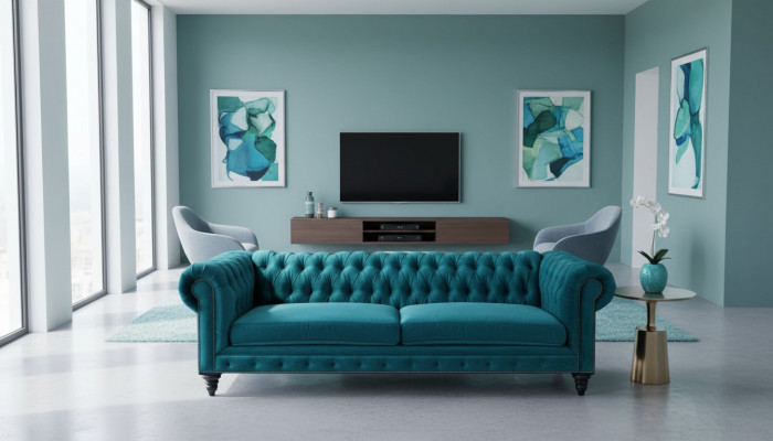 Chesterfield Dräisëtzer Kreativ Miwwelen Textilstoff Blo-Gro Wohnzimmer Modern