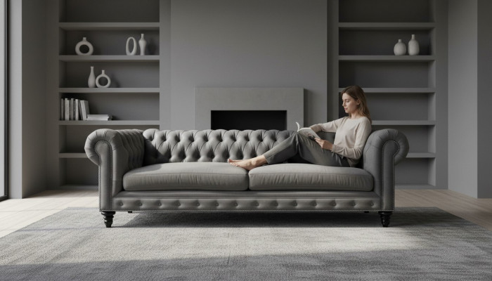 Dreisëtzer Chesterfield Kreativ Miwwelen Textil Stoff Gro Neit Wunnzëmmer Modern