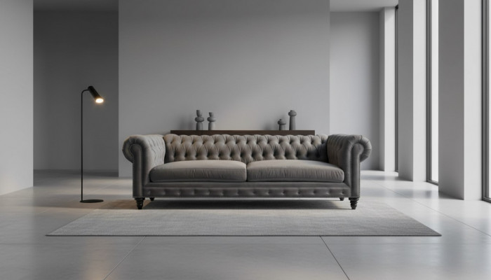 Dreisëtzer Chesterfield Kreativ Miwwelen Textil Stoff Gro Neit Wunnzëmmer Modern