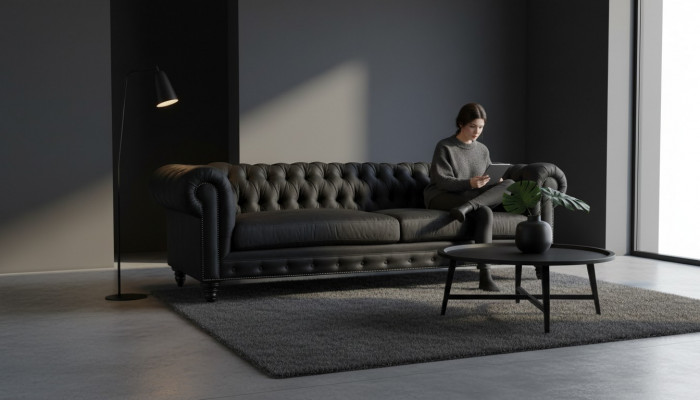 Chesterfield Schwaarz Wunnzëmmer Modern Dräisëtzer Kreativ Miwwelen Textil Stoff