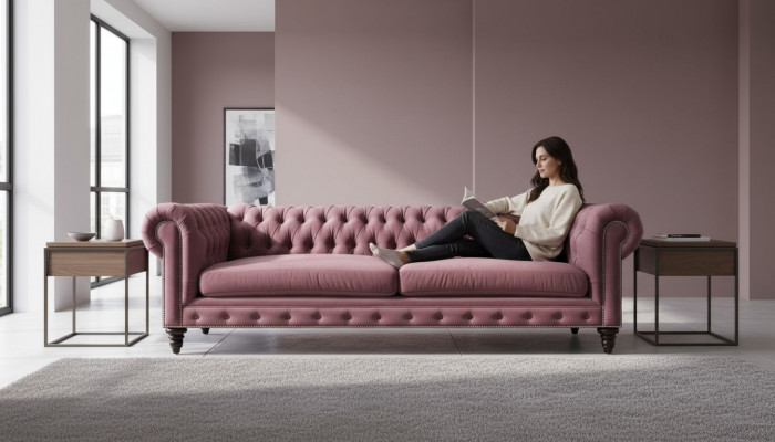 Chesterfield Kreativ Miwwelen Textil Stoff Rosa Sofa Wunnzëmmer Modern Dräisëtzer