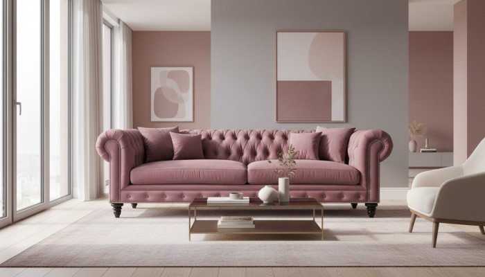 Chesterfield Kreativ Miwwelen Textil Stoff Rosa Sofa Wunnzëmmer Modern Dräisëtzer