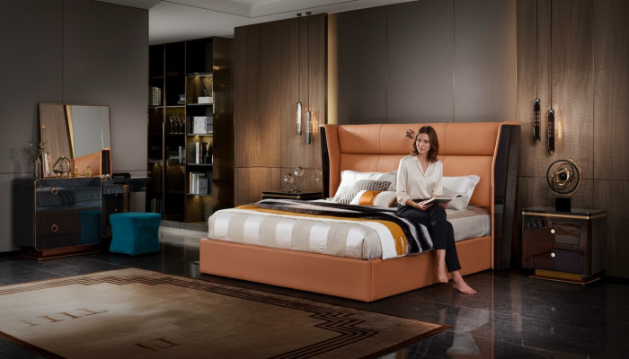 Bett Lieder Orange Schlofzëmmer Kreativ Modern Design Miwwelen Holz Luxus Better